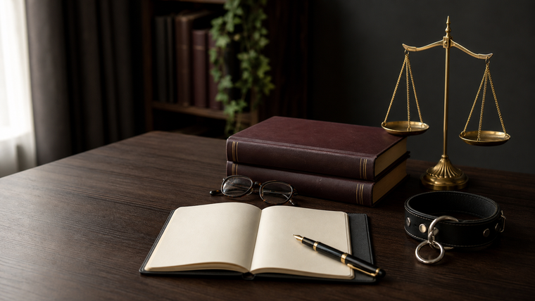 Law books and notes beside a subtle collar for BDSM consent law research