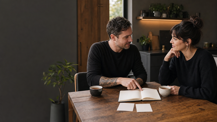Adult couple discussing boundaries and communication with a shared notebook