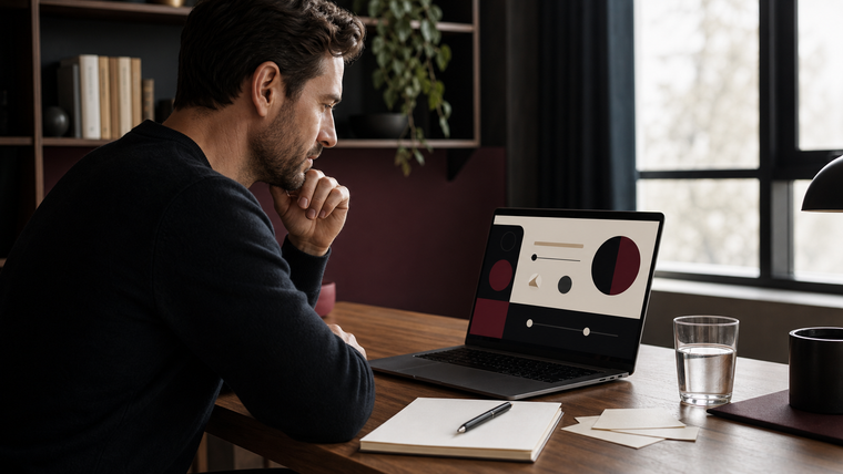 Adult reviewing an abstract self reflection quiz on a laptop