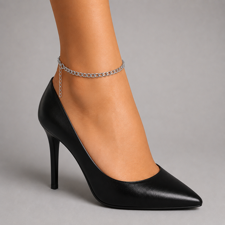 Curb chain anklet - silver-tone medium curb chain with lobster clasp and extender on the ankle with black heels