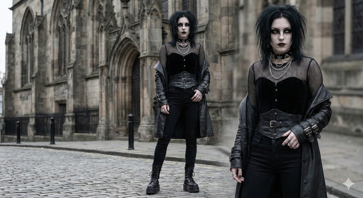 Two people wearing black gothic outfits and accessories outdoors