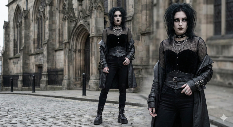 Two people wearing black gothic outfits and accessories outdoors