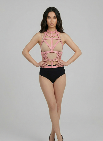 Hot pink vibrant faux leather cage strap harness for festivals