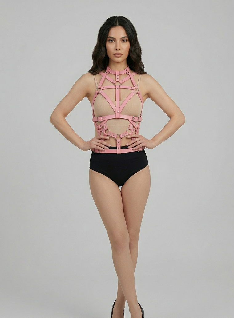 Hot pink vibrant faux leather cage strap harness for festivals