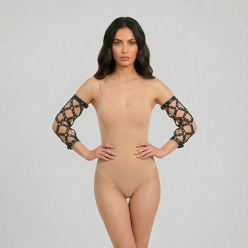 faux leather arm cage harness with lattice strap upper arm accessory