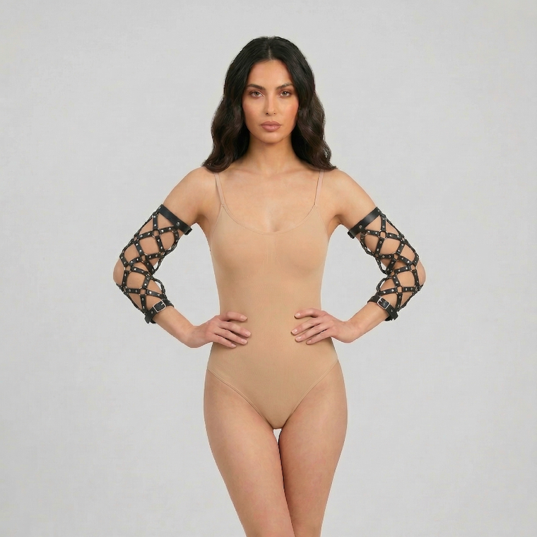 faux leather arm cage harness with lattice strap upper arm accessory