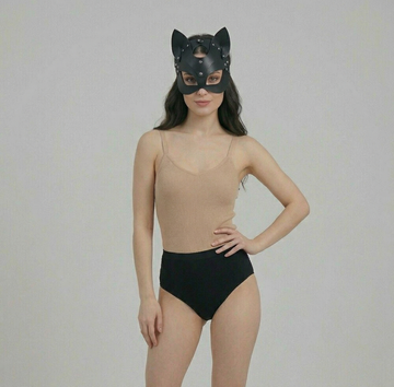 faux leather cat mask with kitten ear half-face design in black