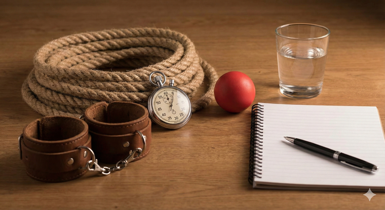 Rope, leather cuffs, timer, red ball, water glass and notebook on a wooden table