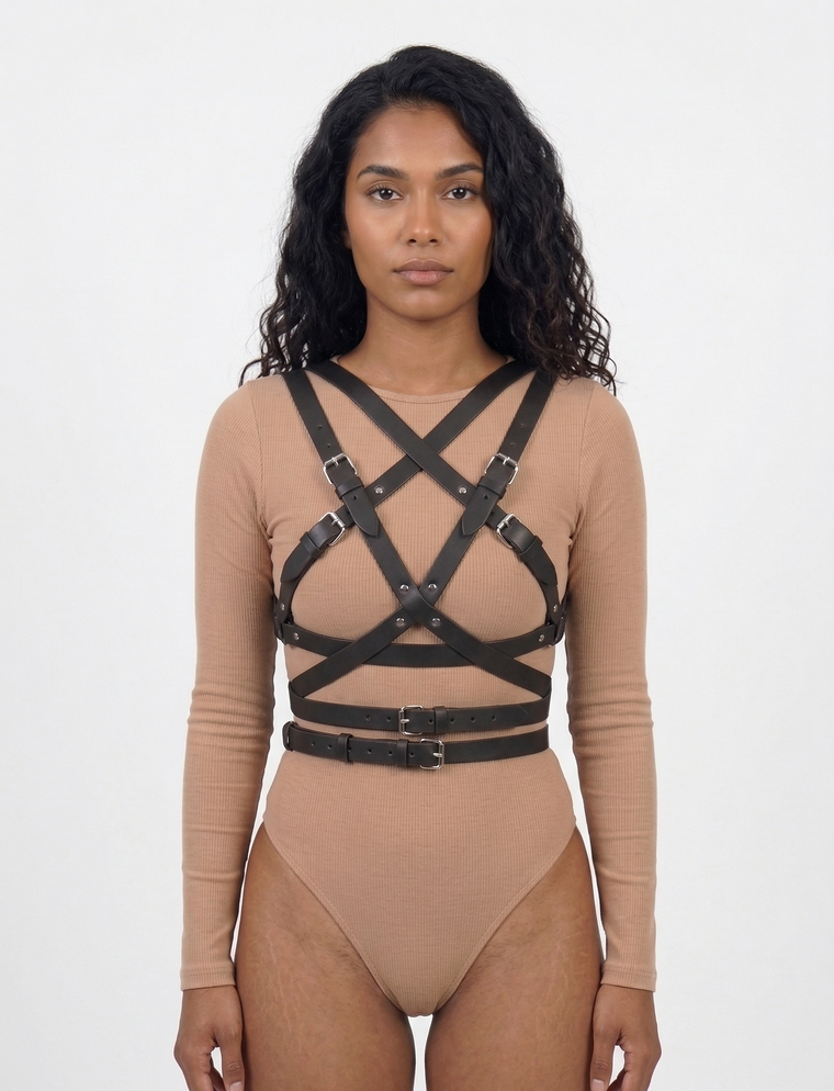 Wrap harness front view - black faux leather cross-body X-strap design with double waist belt and buckle closures