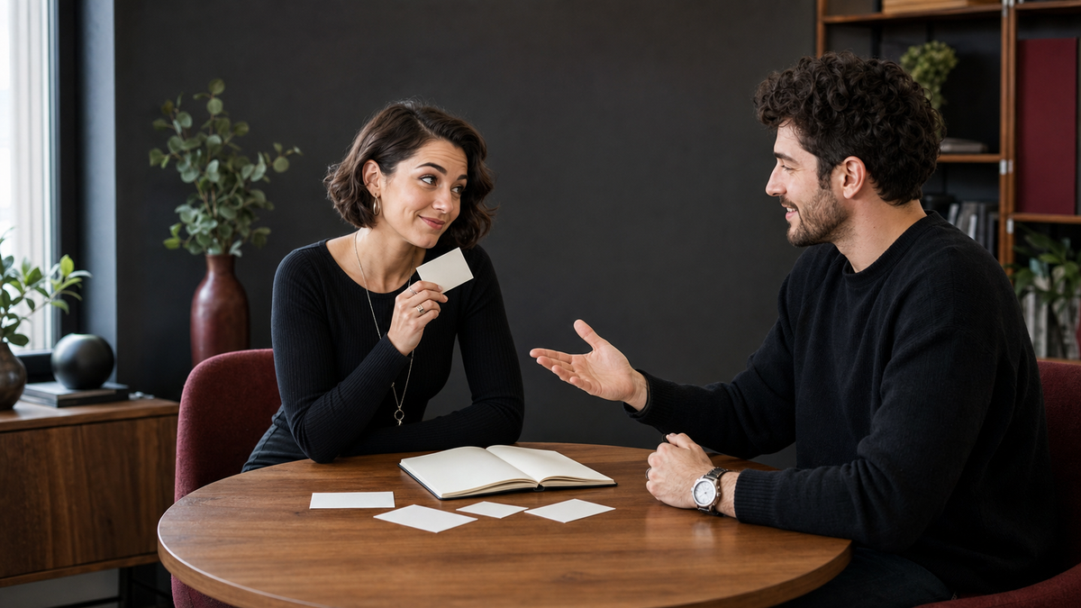 Fully clothed adults having a playful, respectful conversation about boundaries