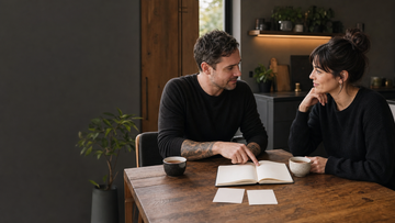 Adult couple discussing boundaries and communication with a shared notebook
