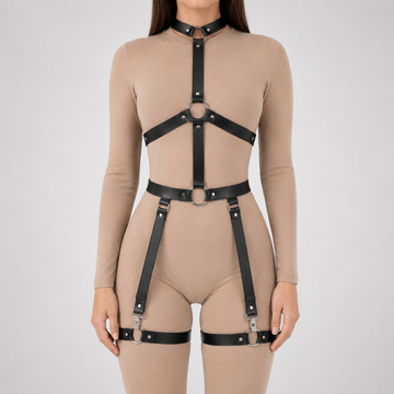 Body and thigh harness set - front view showing choker, O-ring chest frame, waist belt and clip-on garter straps to thigh bands
