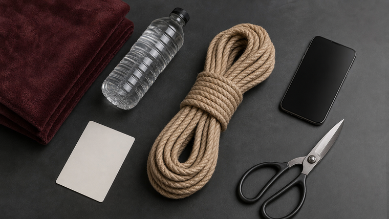 Bondage safety preparation with rope, safety shears, phone, water and a blanket