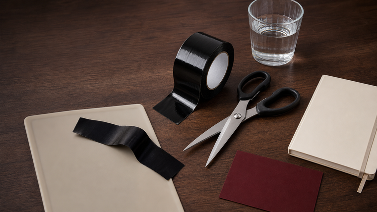 Loose black self adhesive tape with safety shears and a practice mat