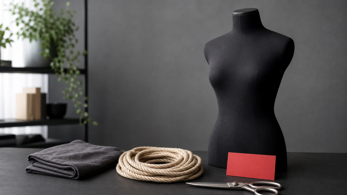 Safety shears and loose rope beside a neutral torso mannequin for risk education