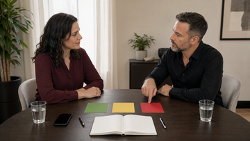 Two adults reviewing green yellow and red consent boundary cards