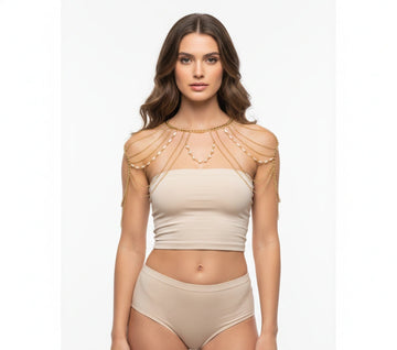 Gold-tone shoulder body chain with fine drapes across the shoulder and upper arm