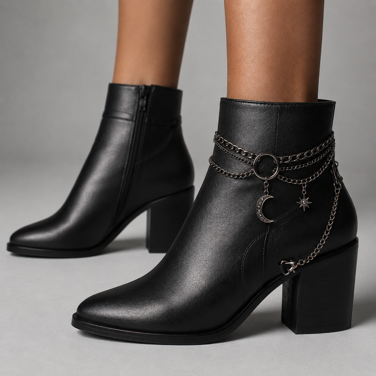 Celestial gothic boot chain anklet - gunmetal chain with crescent moon and star charms on a black ankle boot