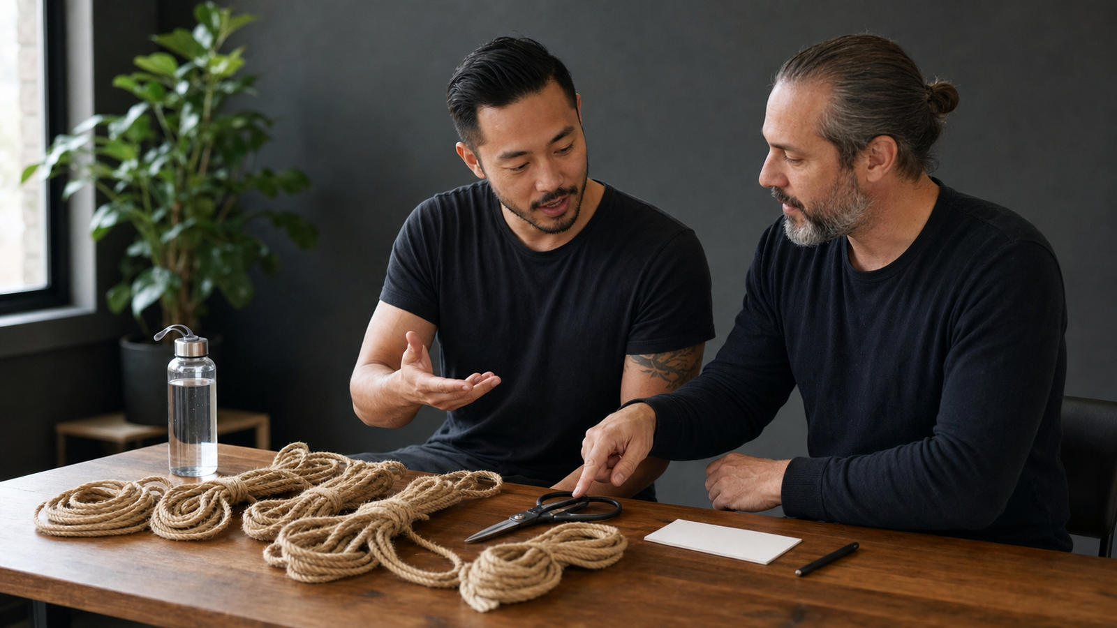 Fully clothed adults reviewing rope and safety equipment before a workshop