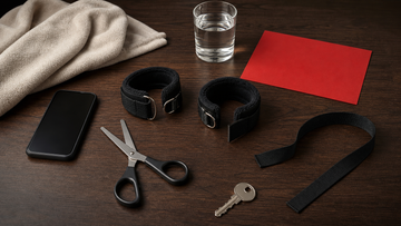 Open unlocked cuffs with safety shears phone key water and a red warning card