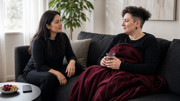 Two fully clothed adults sharing water and a calm check-in during aftercare