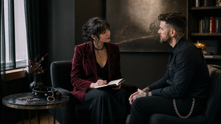 Two adults in alternative fashion having a calm, trust-focused conversation