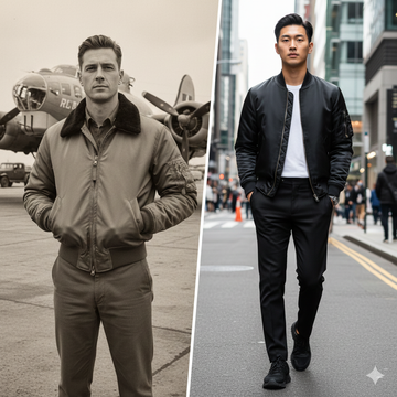 Woman wearing bomber jacket with leather harness - alternative fashion styling