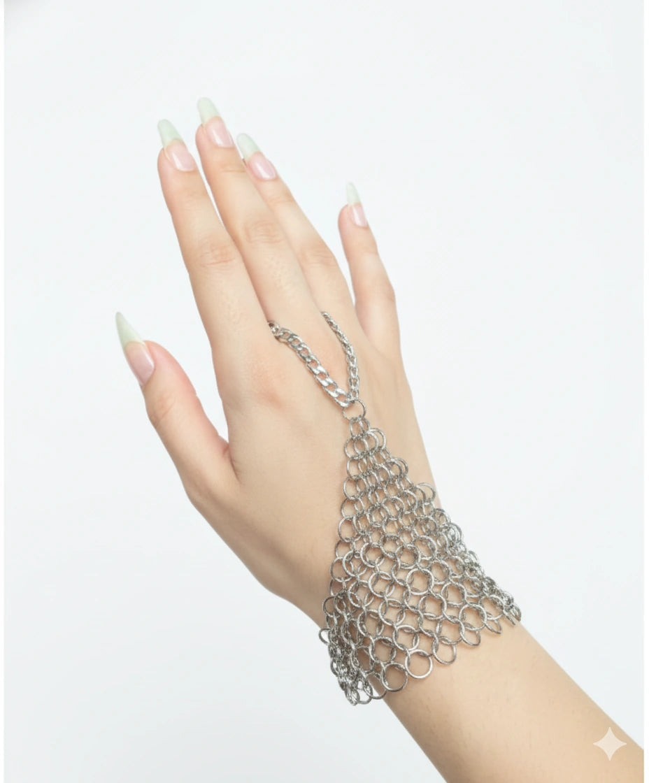 Silver-tone hand chain bracelet with chainmail wrist cuff and connected finger ring