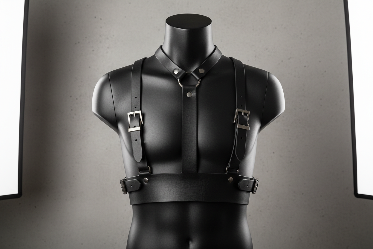 Black leather chest harness for men displayed on model