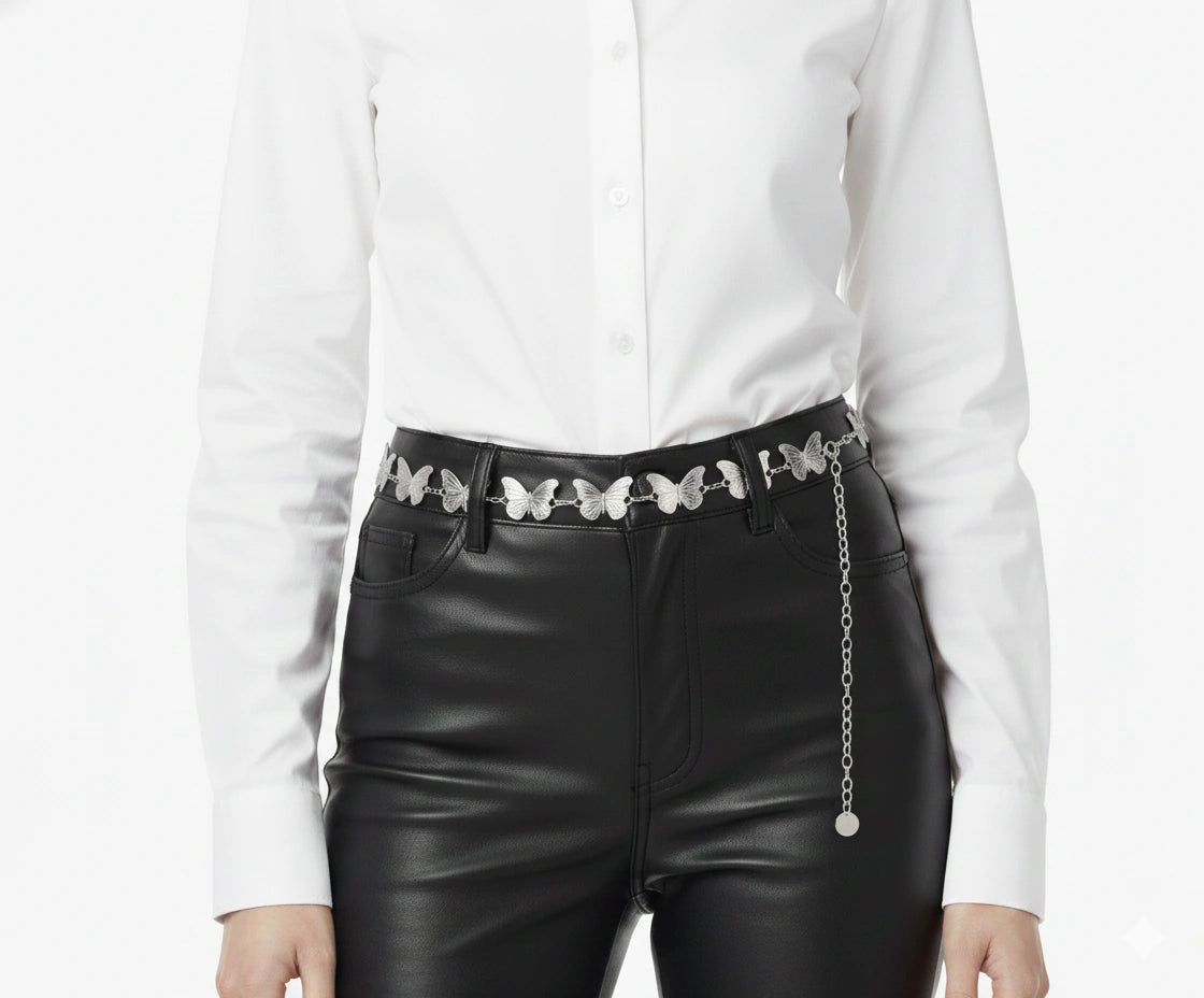 Butterfly Waist Chain Belt - Silver Belly Chain with Butterfly Charms - front view