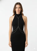 Silver-tone Y-shaped halter body chain with waist drapes over a black dress, front view