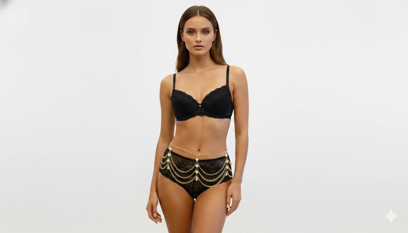 Waist to Hip Chain - Gold Multi-Layer Draping Body Chain Lingerie Panty - side view