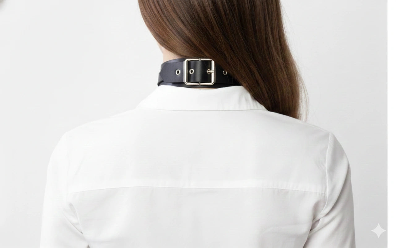 Black faux leather O-ring day collar shown from a side angle
