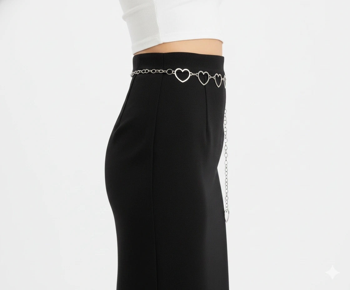 Silver Heart Waist Chain Belt - Hollow Hearts Belly Chain Y2K Style - side view