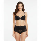 Fine gold-tone bra-to-waist body chain over black lingerie, front view
