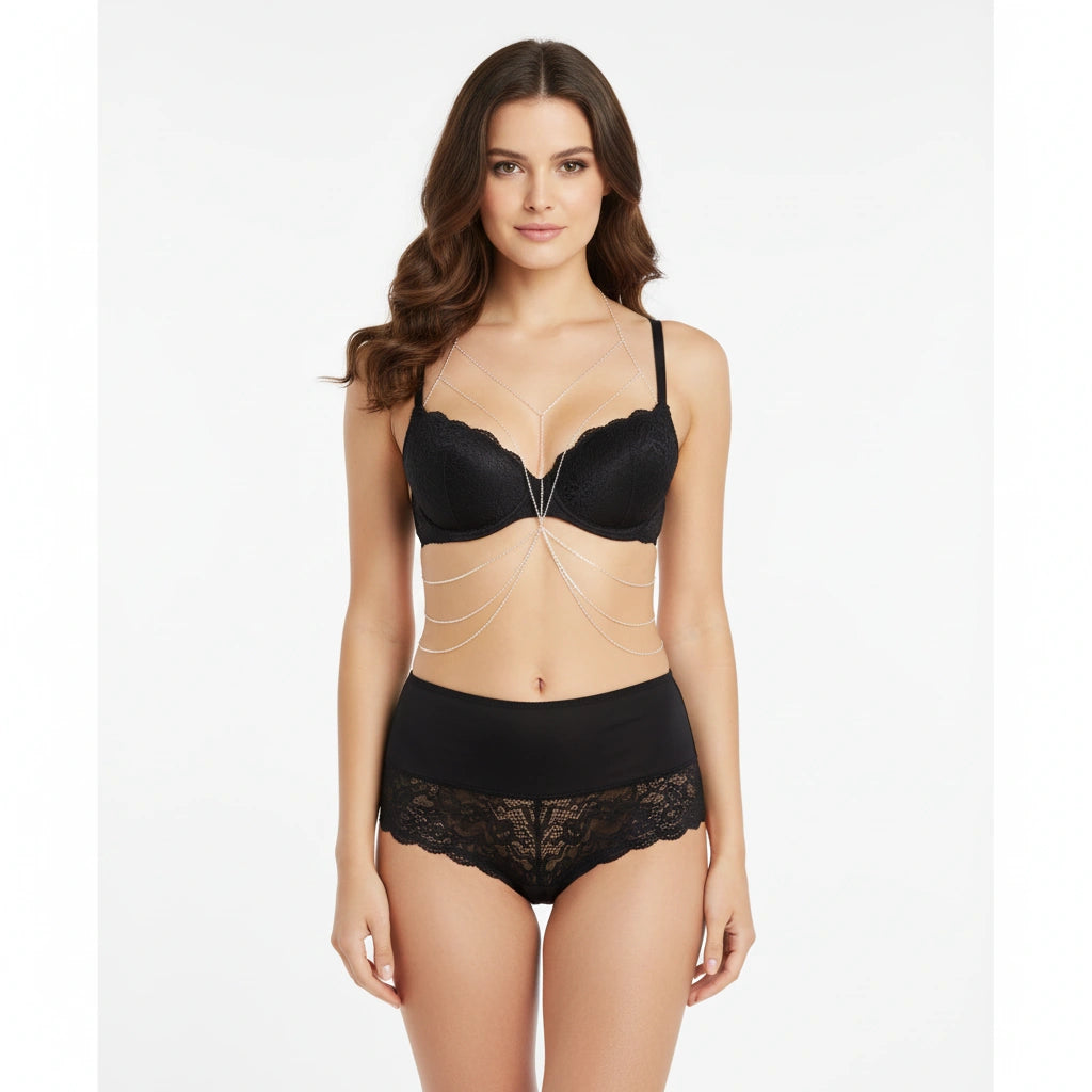 Fine gold-tone bra-to-waist body chain over black lingerie, front view
