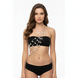 Silver-tone one-shoulder body chain with white pearl-look accents, front view