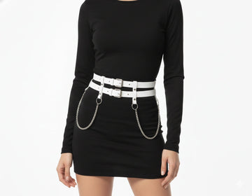 Belt Harness with Chains - White Leather Chain Belt Silver Draping Alternative - side view