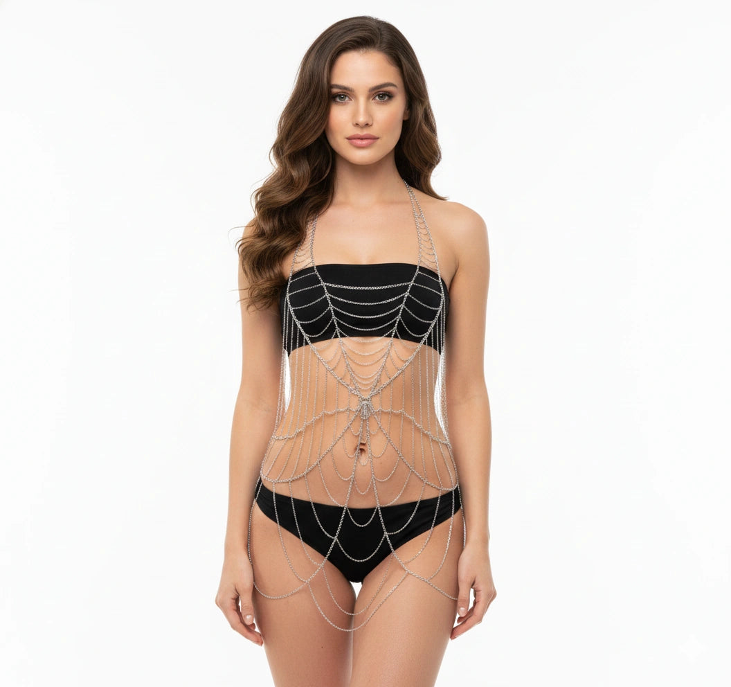 Ultra Full Body Chain - Gold Elaborate Bikini Body Chain with Thigh Draping - front view