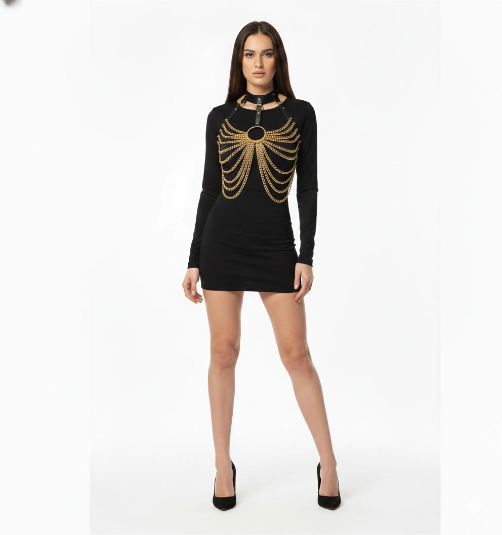 Gold-tone collar-to-chest body chain showing the layered side drape