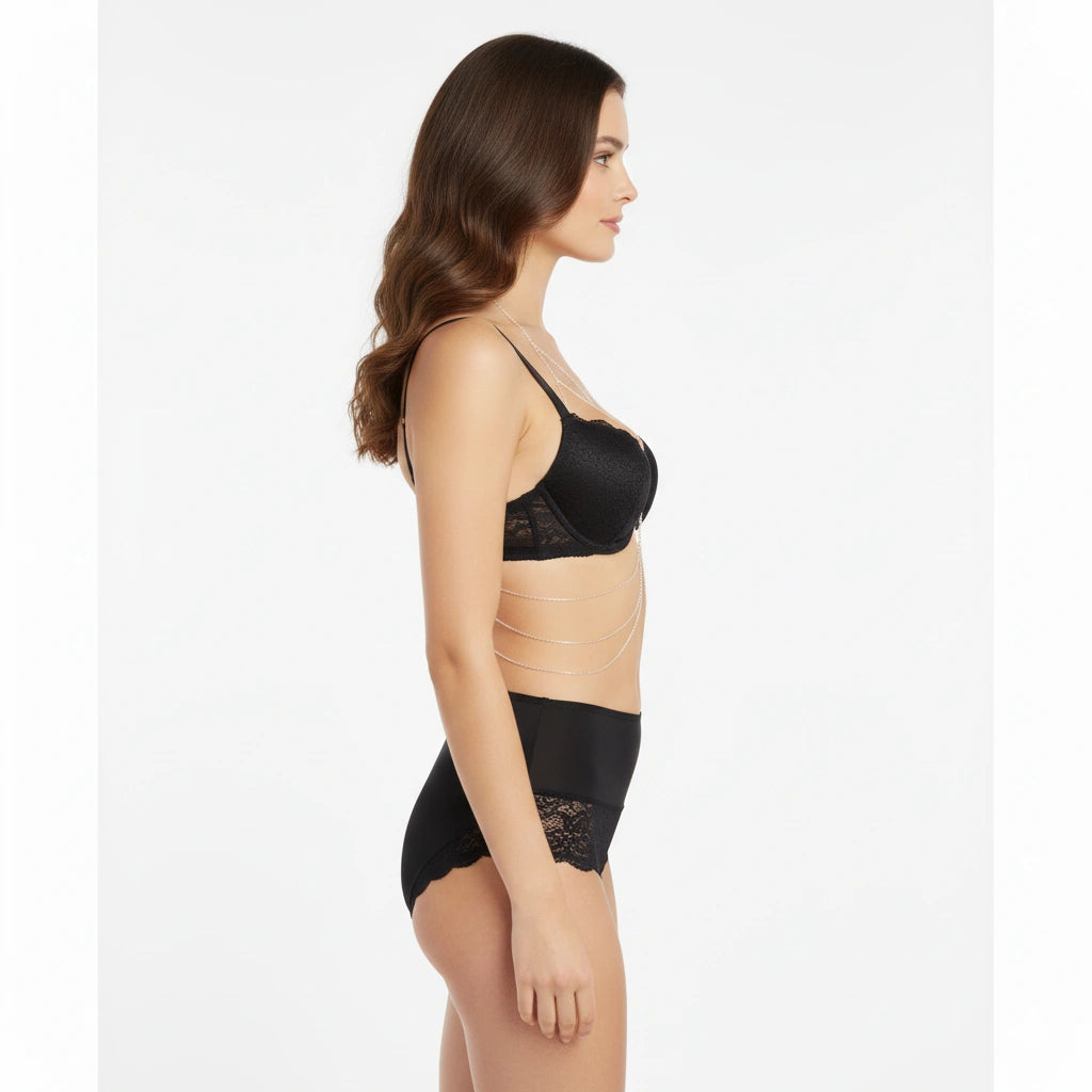 Fine gold-tone lingerie body chain showing the bra-to-waist drape, side view