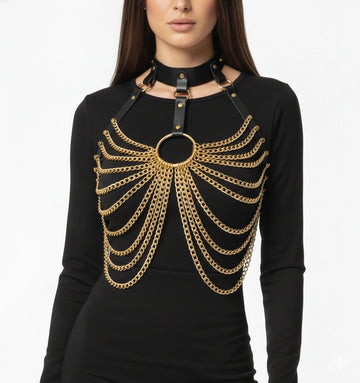 Choker Chest Harness - Gold Multi-Layer O-Ring Body Chain Statement Jewelry - detail view