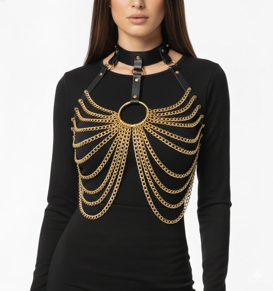 Gold-tone choker body chain showing layered strands and O-ring details