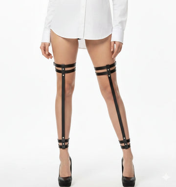 Leather Leg Garter Harness - Black Thigh to Ankle Strap Pair Alternative - front view