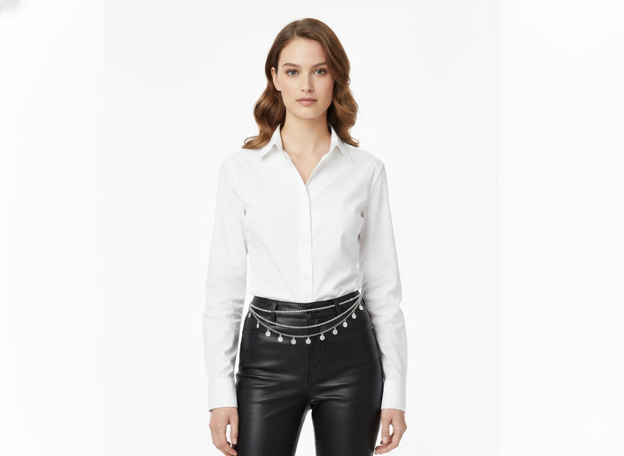 Silver-tone layered waist chain with three coin-charm tiers, front view