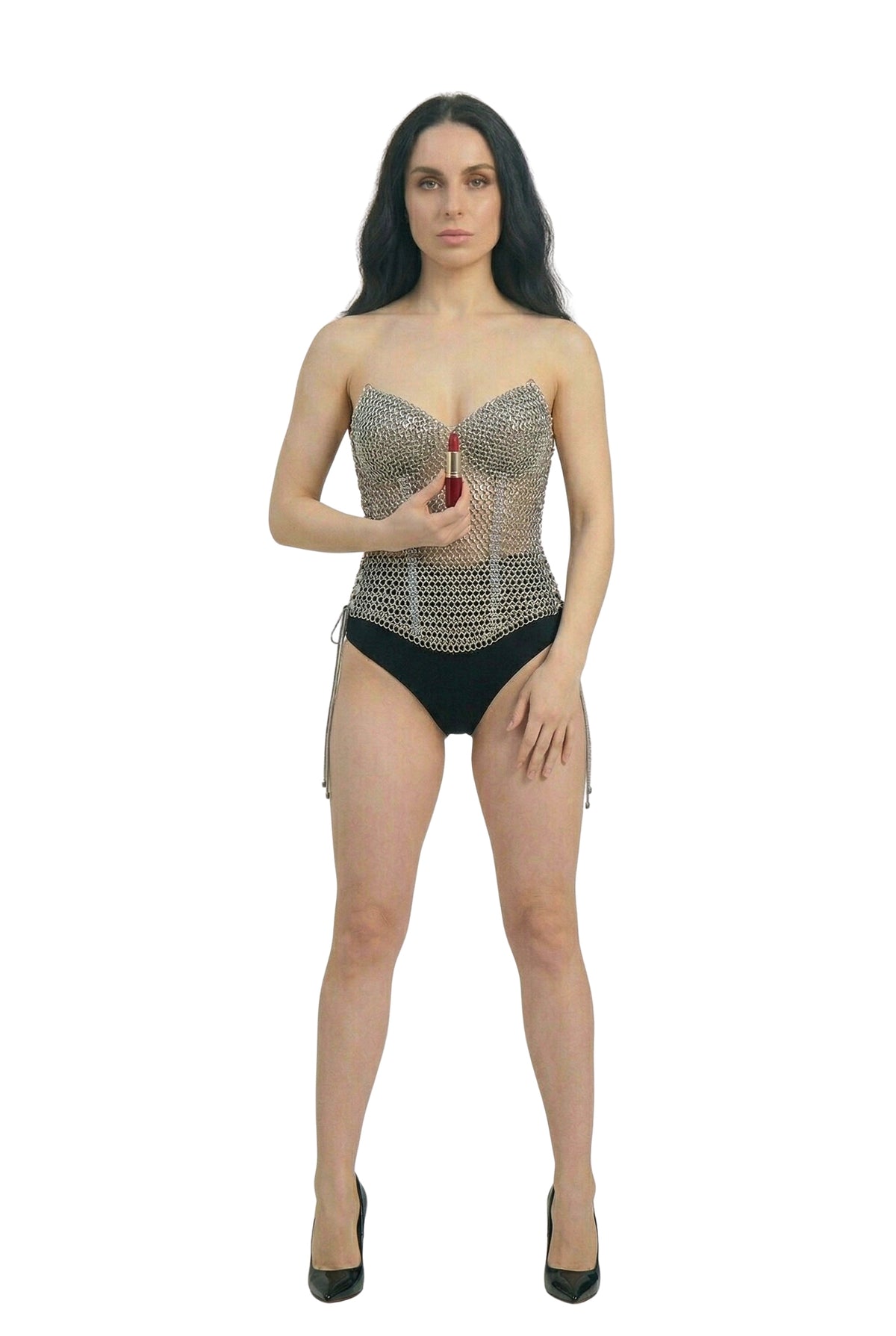 Silver-tone chainmail corset top with pointed neckline and long side ties, front view