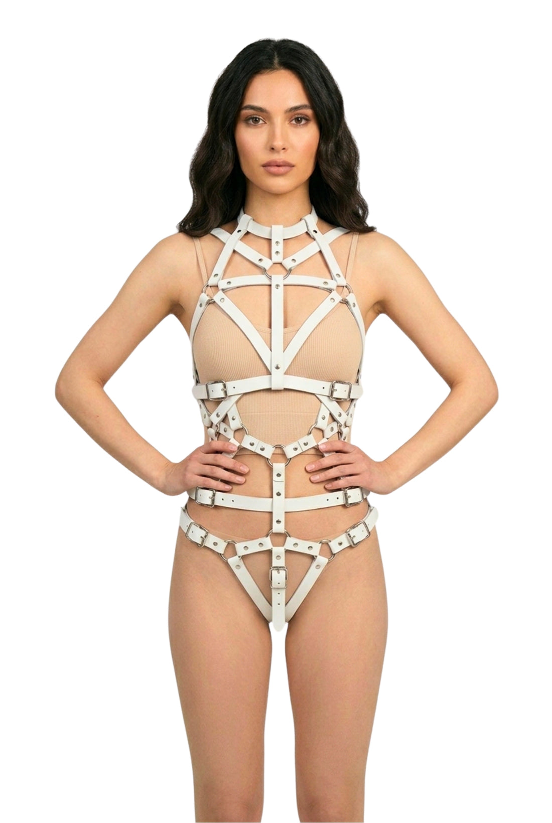White leather cage strap harness for bridal and rave occasions