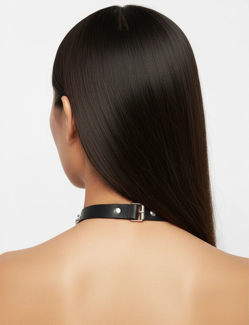 Red collar body chain showing the rear buckle and silver-tone chains, back view
