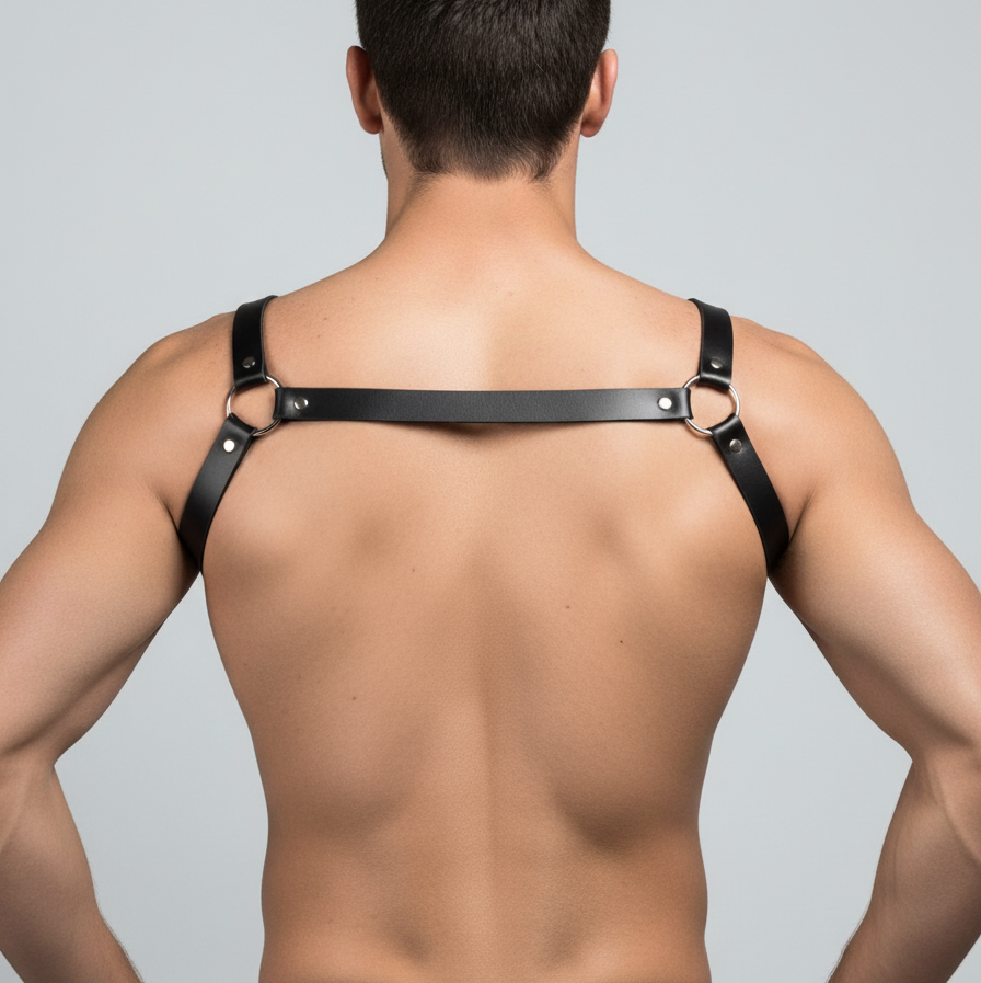 Black_mens_leather_chest_harness_and_adjustable_body_harness_on_male_model_-_front_view_fashion_harness