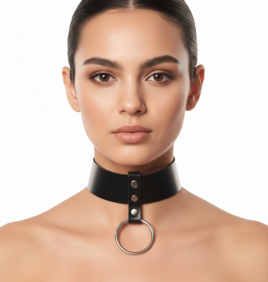 Black faux leather bondage collar and detachable chain set front view with metal O-ring